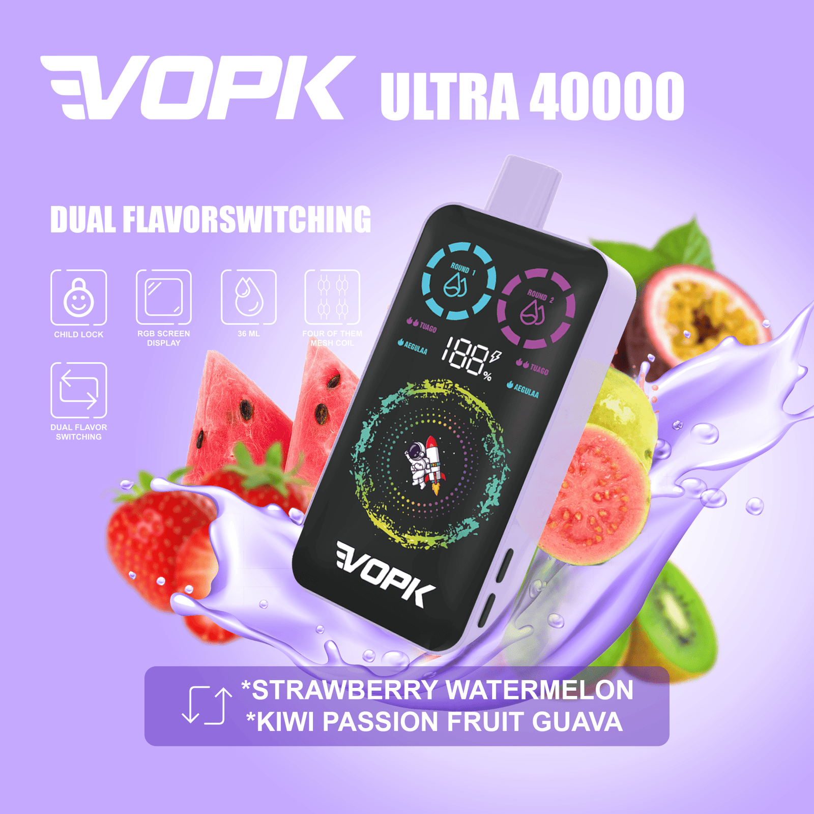 VOPK ULTRA 40000 Puffs Disposable Vape - Dual Flavor Screen Display - Image 2