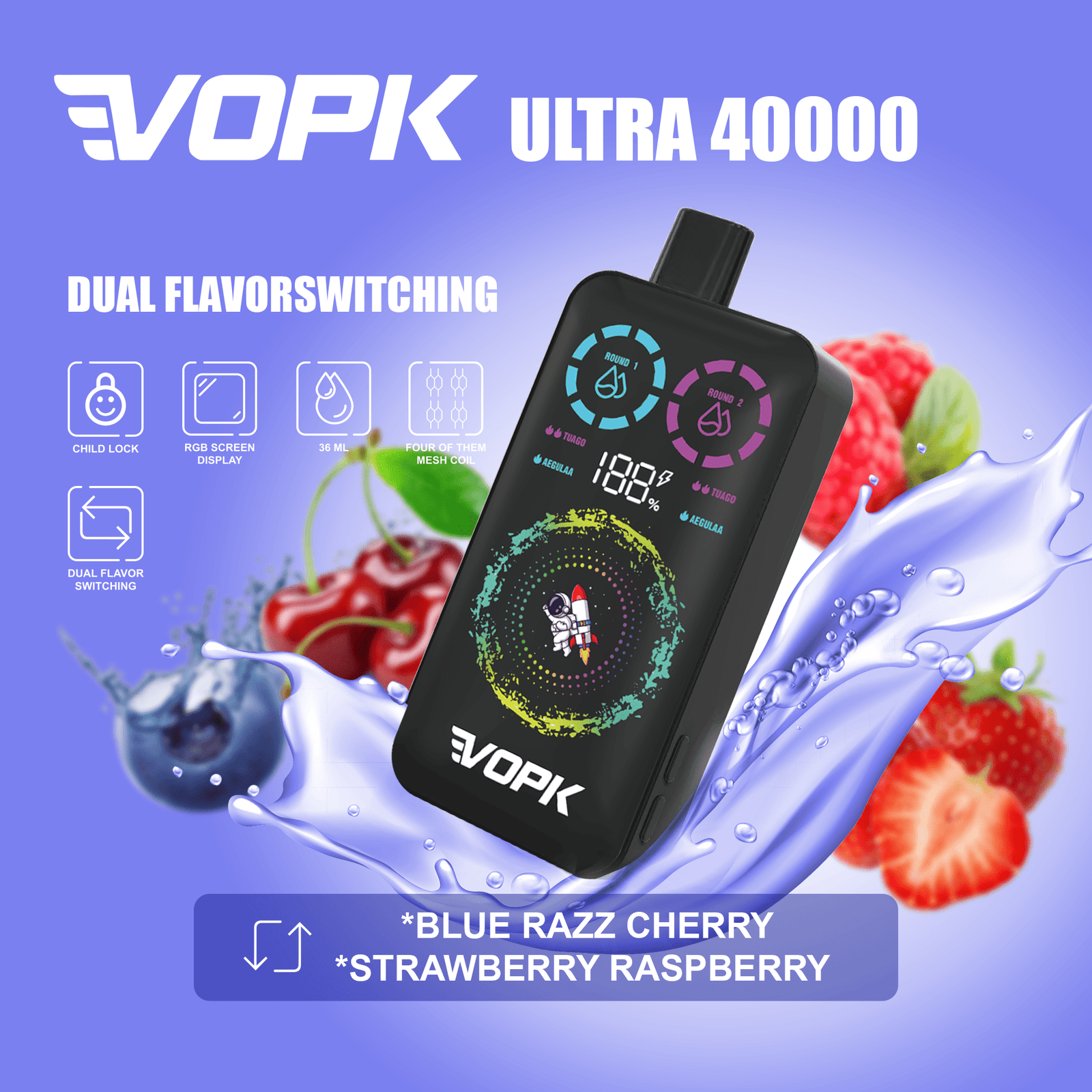VOPK ULTRA 40000 Puffs Disposable Vape - Dual Flavor Screen Display - Image 3