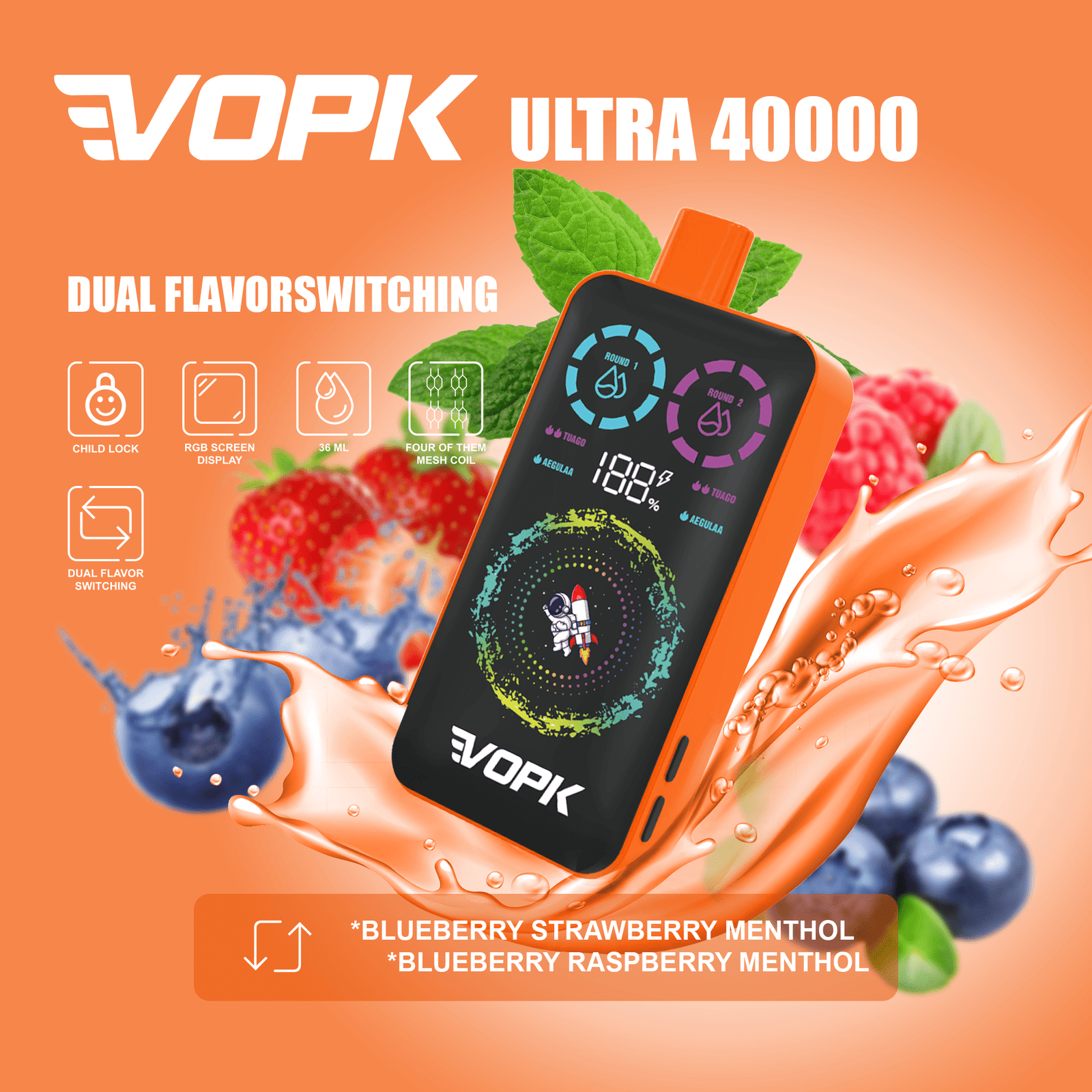 VOPK ULTRA 40000 Puffs Disposable Vape - Dual Flavor Screen Display - Image 4