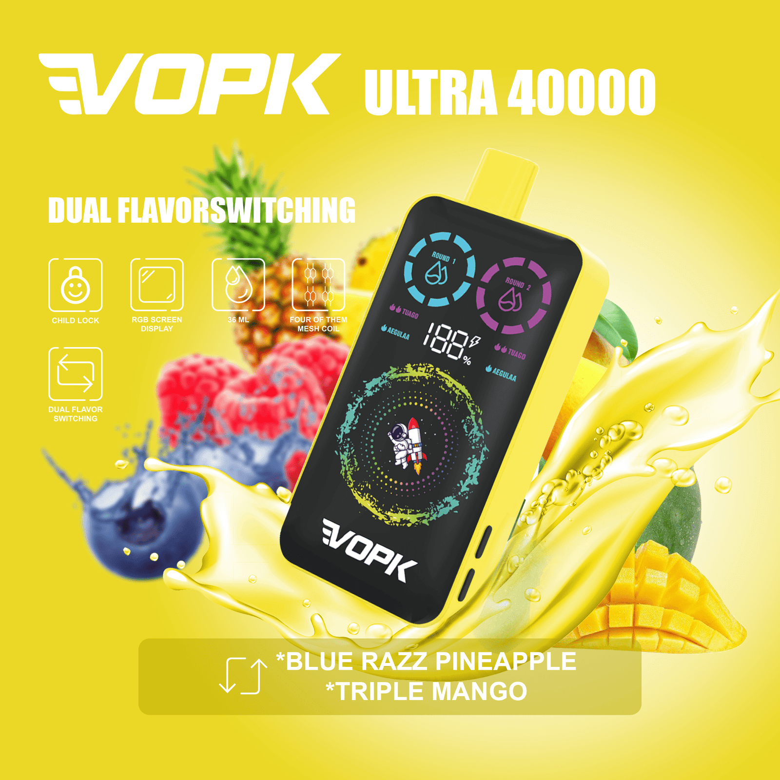 VOPK ULTRA 40000 Puffs Disposable Vape - Dual Flavor Screen Display - Image 5