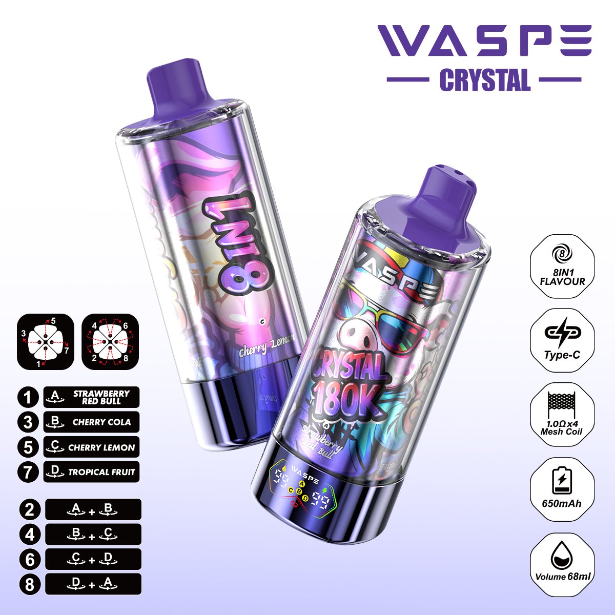 WASPE 8 in 1 Crystal 180000 Puffs Disposable Vape – 180K Puffs with Rotate-to-Switch Flavor System & Quad Mesh Coil - Image 6