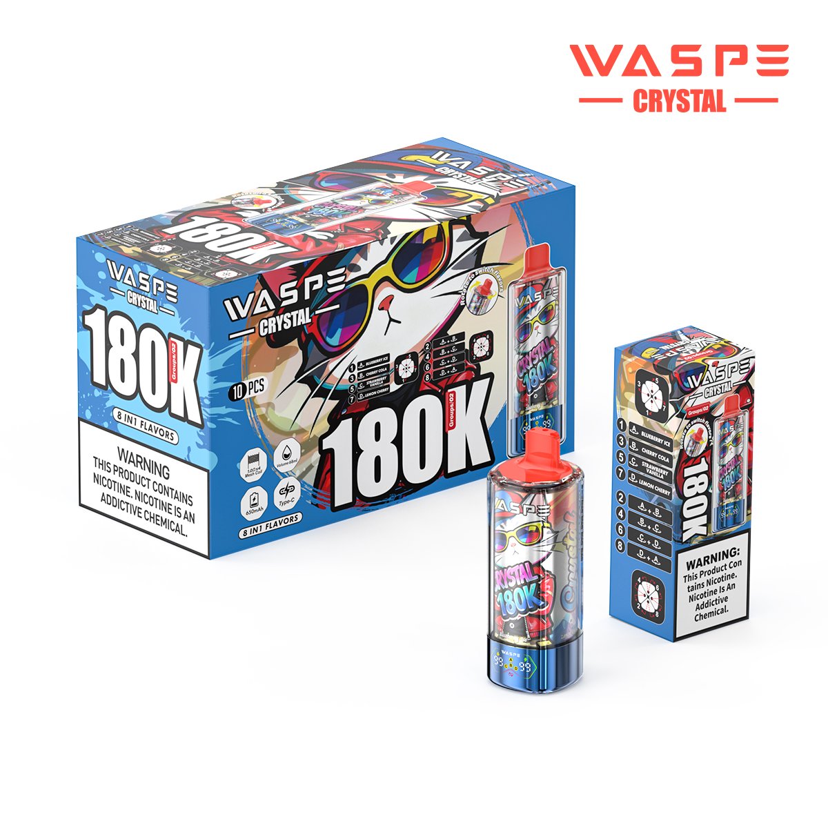 WASPE 8 in 1 Crystal 180000 Puffs Disposable Vape – 180K Puffs with Rotate-to-Switch Flavor System & Quad Mesh Coil - Image 7