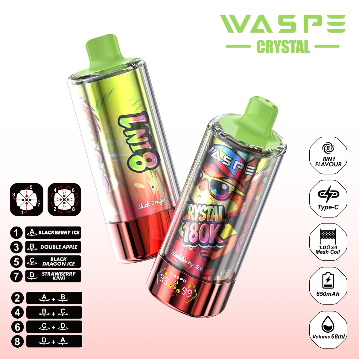 WASPE 8 in 1 Crystal 180000 Puffs Disposable Vape – 180K Puffs with Rotate-to-Switch Flavor System & Quad Mesh Coil - Image 2